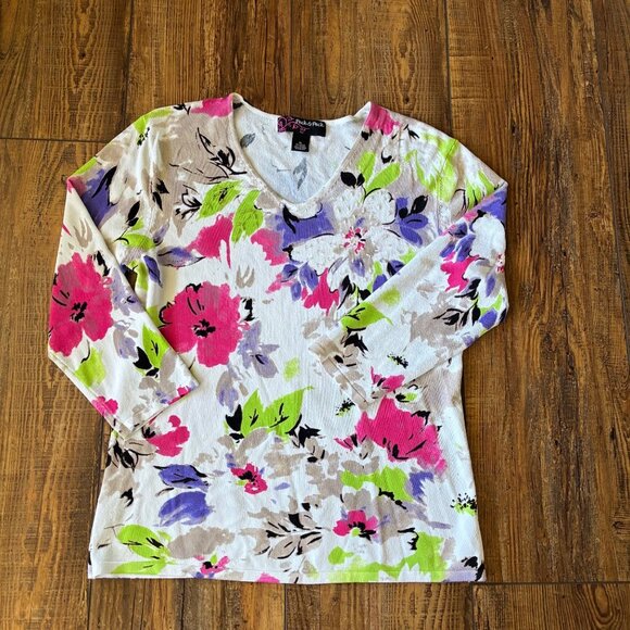 Peck & Peck Floral Print Lightweight Knit Top w/Sequin & Bead Accents Size XL - Picture 7 of 10